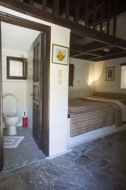badkamer met douche en toilet en tweepersoonsbed.